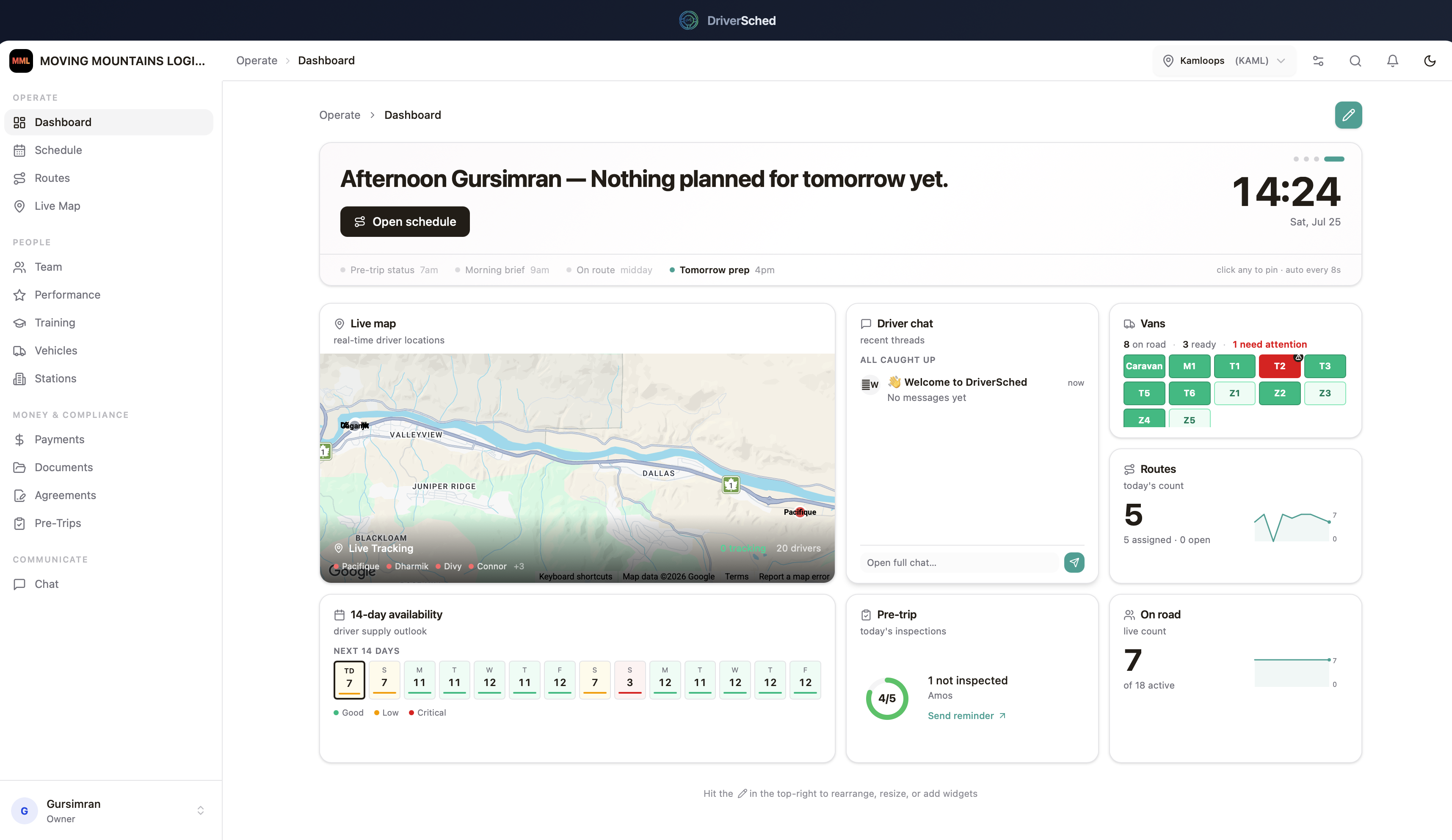 DriverSched dashboard showing live map, driver chat, vehicles, routes, 14-day availability, pre-trip inspections and on-road status